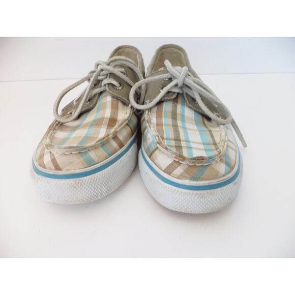 SPERRY TOP SIDER KHAKI & AQUA BROWN PLAID CANVAS BOAT SHOE WOMENS SZ 6.5M - Picture 2 of 7
